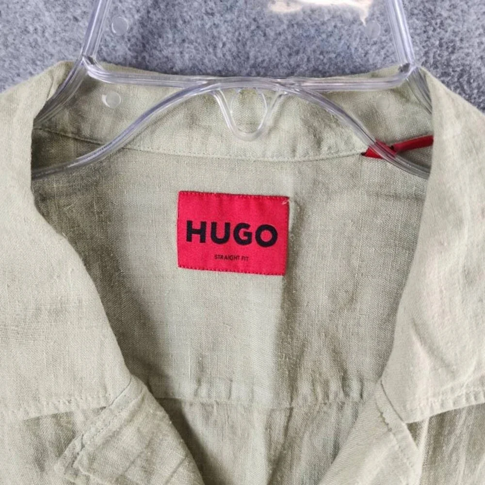 HUGO BOSS Ellino Linen Short Sleeve Camp Shirt Men's XL Open Green Collared